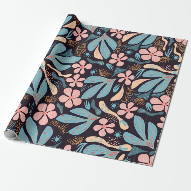 Seamless abstract pattern, floral motif, dark back wrapping paper (Unrolled)