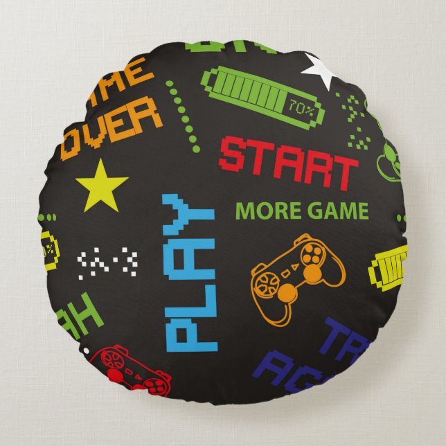 seamless abstract pattern in pixel game style. Wit Round Cushion (Front)