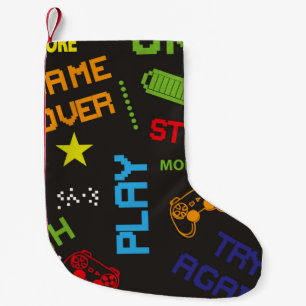 seamless abstract pattern in pixel game style. Wit Small Christmas Stocking
