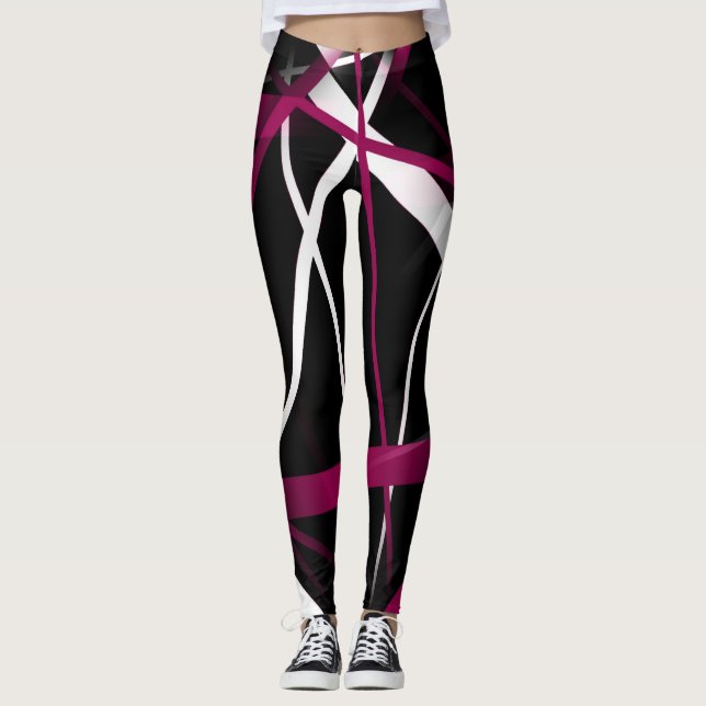 Seamless Abstract Pink and White Lines On Black Ba Leggings (Front)