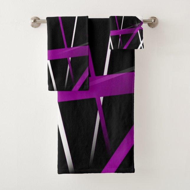 Seamless Abstract Purple and White Lines On Black Bath Towel Set (Insitu)