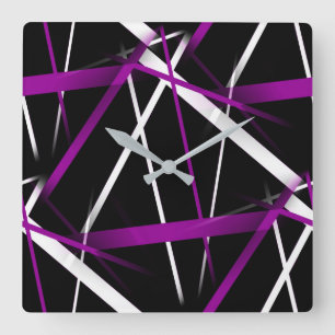 Seamless Abstract Purple and White Lines On Black Square Wall Clock