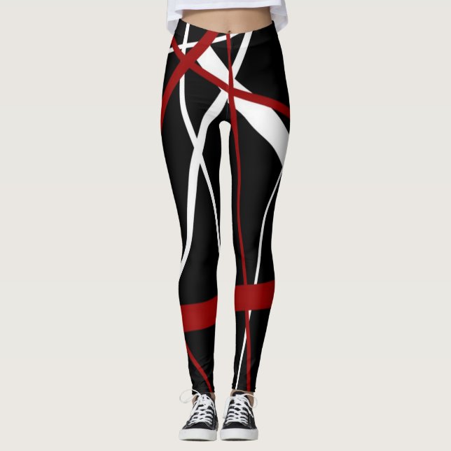 Seamless Abstract Red and White Lines On Black Bac Leggings (Front)
