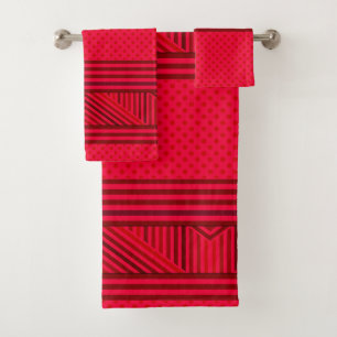 Seamless abstract red lined striped polka dots cir bath towel set