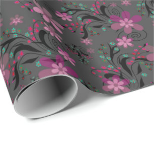 Seamless abstract retro violet flowers grey backgr wrapping paper