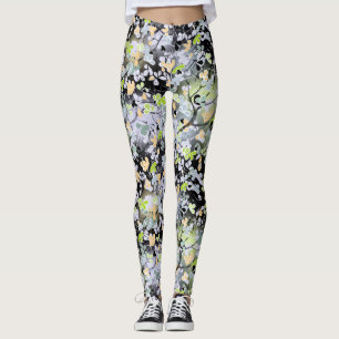 Seamless abstract spring tree branches leaves blac leggings