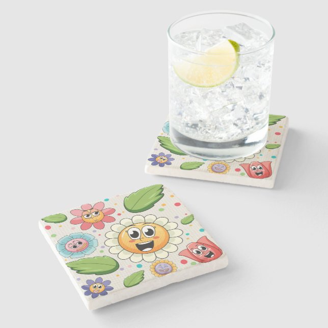 Seamless background design with colourful flowers  stone coaster (Side)