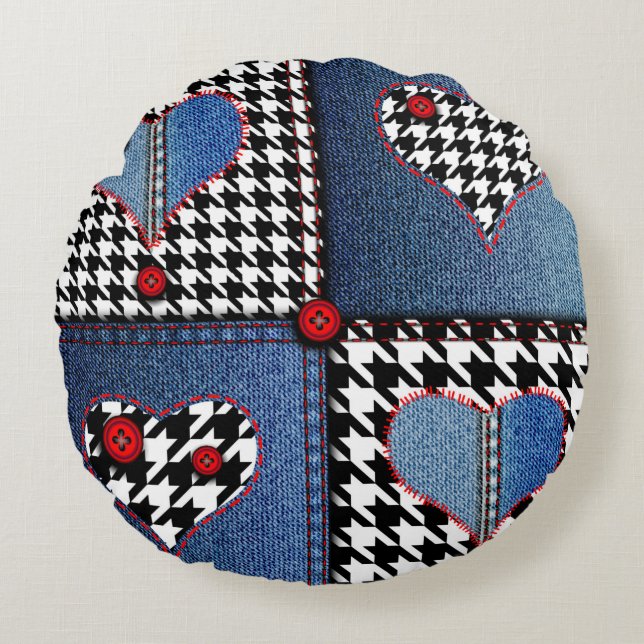 Seamless background pattern. Patchwork of denim fa Round Cushion (Front)