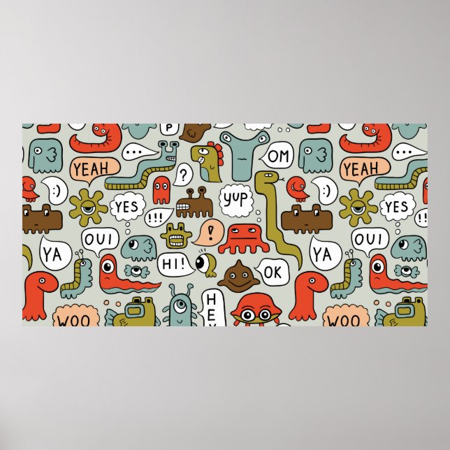 seamless background with cute cartoon monsters poster (Front)