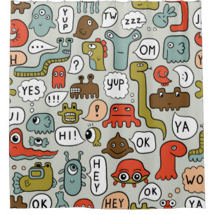 seamless background with cute cartoon monsters shower curtain