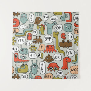 seamless background with cute cartoon monsters tapestry