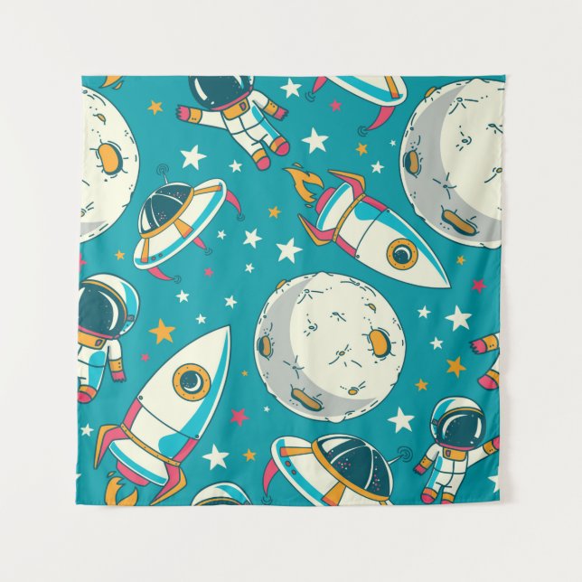 Seamless background with cute doodle astronauts, p tapestry (Front)
