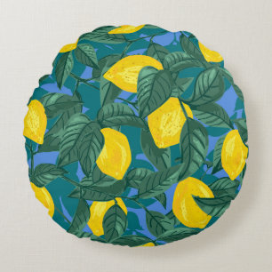 Seamless background with lemons and leaves. Citrus Round Cushion