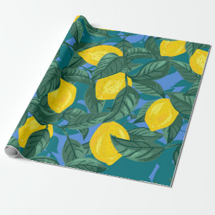 Seamless background with lemons and leaves. Citrus Wrapping Paper