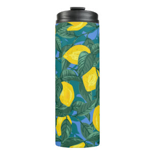 Seamless background with lemons and leaves thermal tumbler