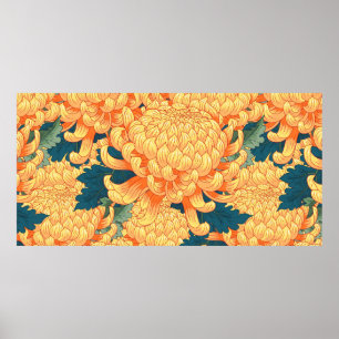 Seamless background with yellow flowers Japanese c Poster