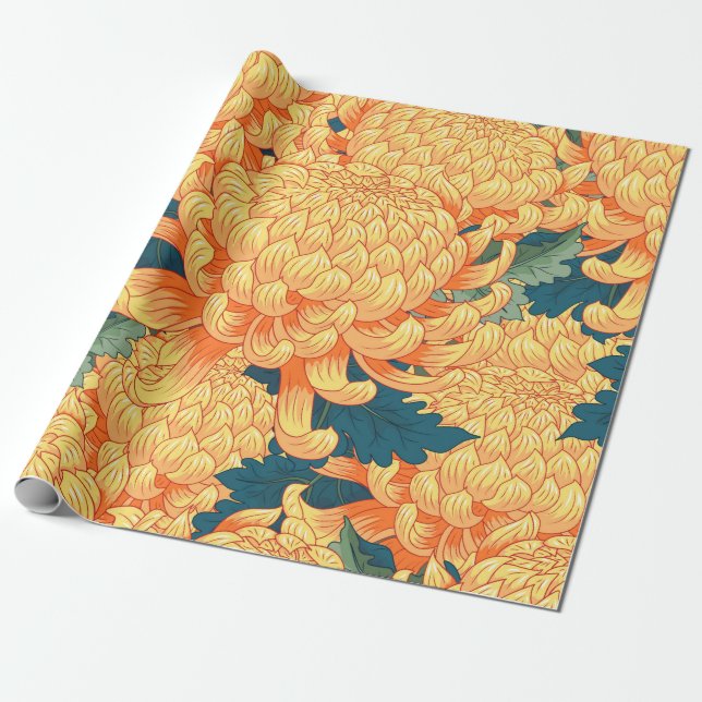 Seamless background with yellow flowers Japanese c Wrapping Paper (Unrolled)