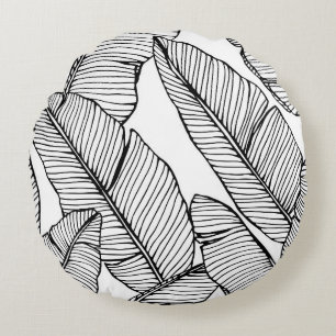 Seamless banana leaf pattern background. Black and Round Cushion