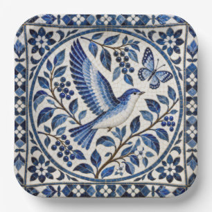 Seamless Bird and Butterfly Blue Tile Pattern Paper Plate