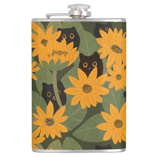 Seamless Black Cat and Sunflower Pattern Hip Flask (Front)