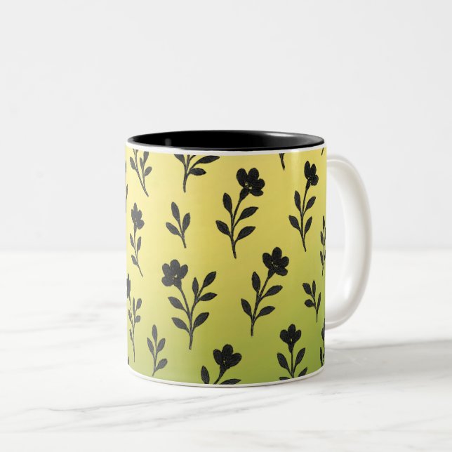 Seamless Black Floral Motifs Pattern Two-Tone Coffee Mug (Front Right)