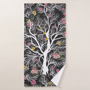 seamless black tree with colorful flower pattern bath towel