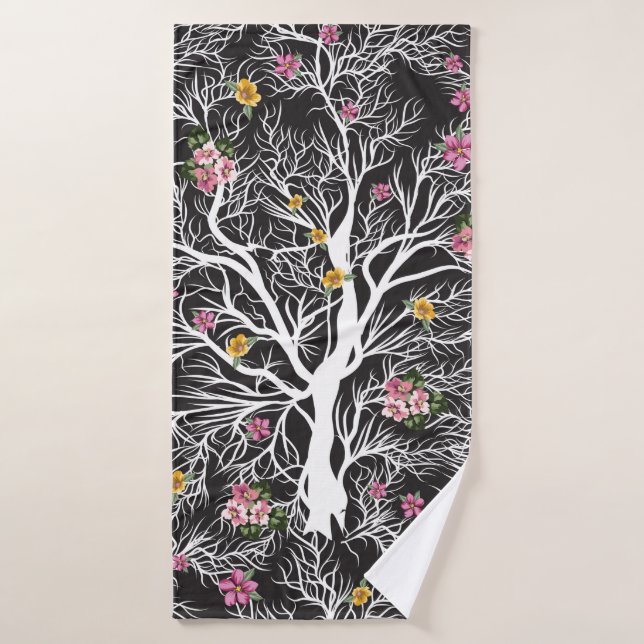 seamless black tree with colorful flower pattern bath towel (Bath Towel)