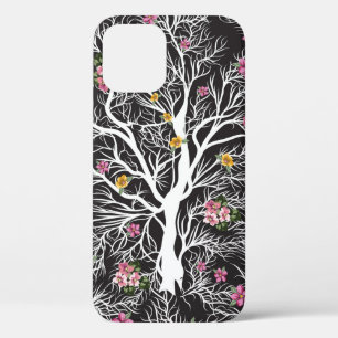 seamless black tree with colorful flower pattern iPhone 12 case