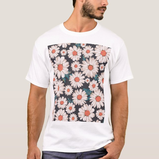 Seamless Blossom Daisy Flower Pattern T-Shirt (Front)