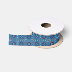 Seamless blue and orange floral pattern satin ribbon
