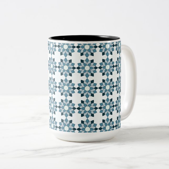 Seamless Blue Azulejos Floral Two-Tone Coffee Mug (Front Right)