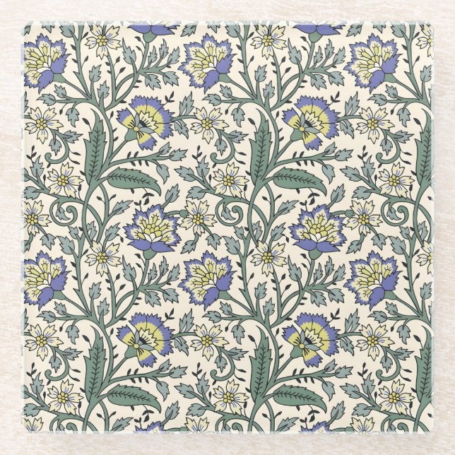 Seamless blue, yellow, and white floral pattern  glass coaster (Front)