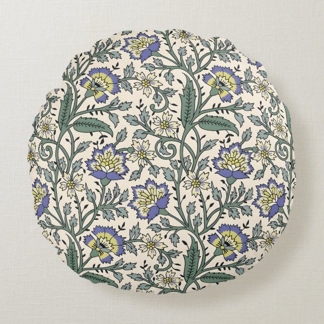 Seamless blue, yellow, and white floral pattern  round cushion (Front)