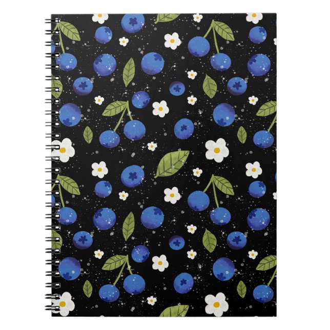 Seamless Blueberry Pattern – Cute Fruit and Floral Notebook (Front)