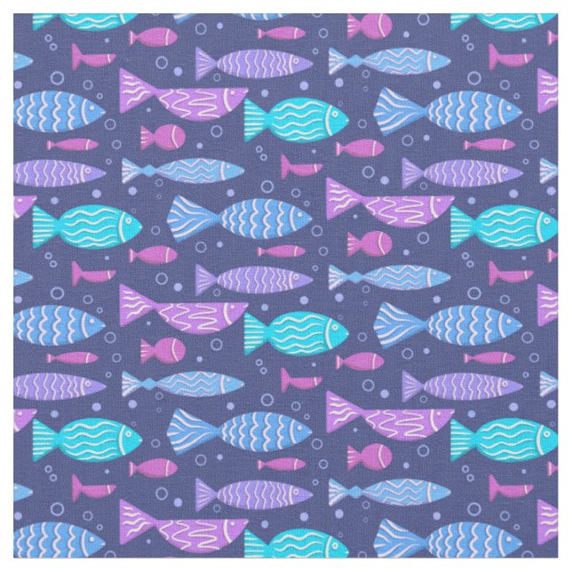 Seamless boho flat pattern with doodle fishes fabric (Close Up)