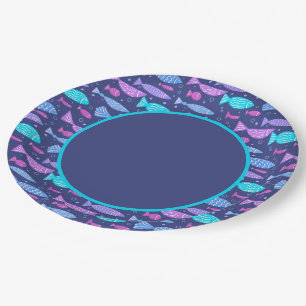 Seamless boho flat pattern with doodle fishes paper plate