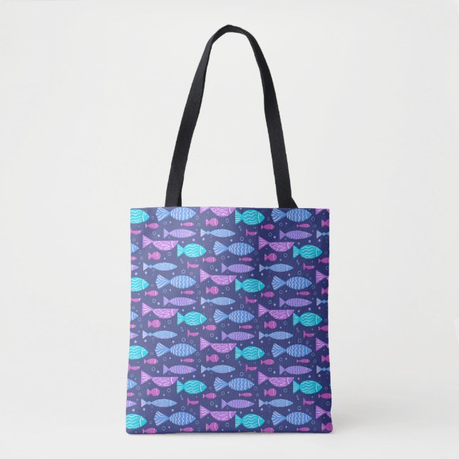 Seamless boho flat pattern with doodle fishes   tote bag (Front)