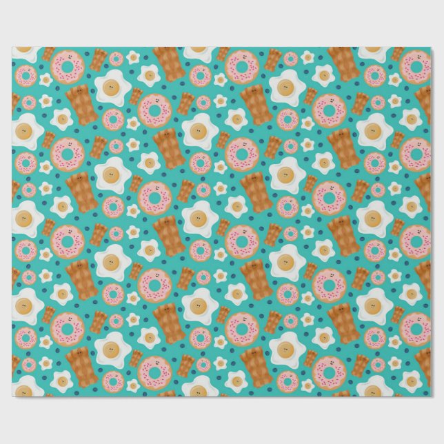Seamless Breakfast Characters Blue Pastel Wrapping Paper (Flat)