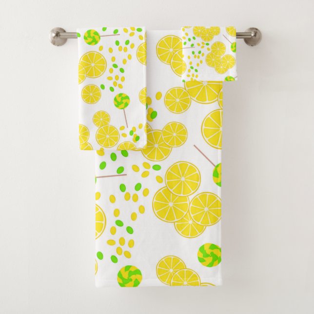 Seamless bright lemon slices candy lollipops sweet bath towel set (Insitu)