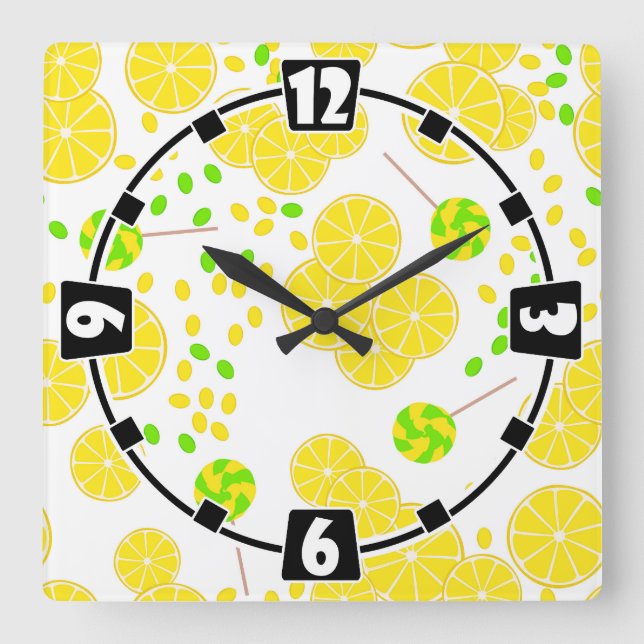 Seamless bright lemon slices candy lollipops sweet square wall clock (Front)