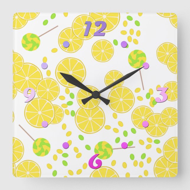 Seamless bright lemon slices candy lollipops sweet square wall clock (Front)