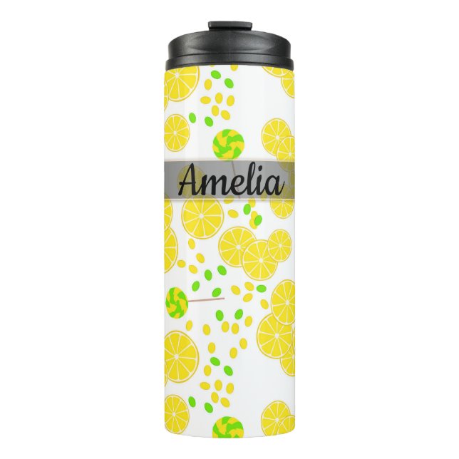 Seamless bright lemon slices candy lollipops sweet thermal tumbler (Front)
