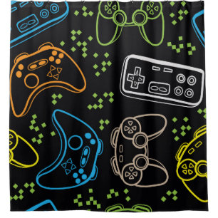 Seamless bright pattern with joysticks. gaming coo shower curtain