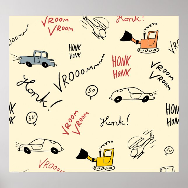 Seamless Car Drawings: Kids Bedsheet Poster (Front)