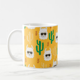 Seamless cartoon llama and cactus pattern in brigh coffee mug