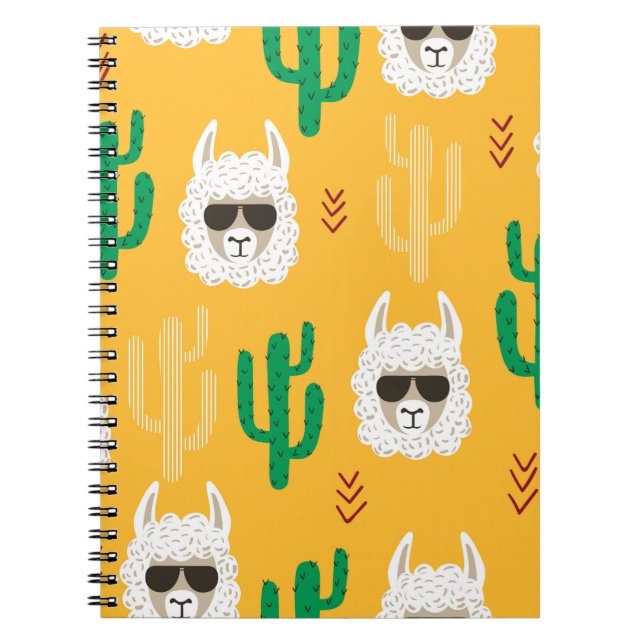 Seamless cartoon llama and cactus pattern in brigh notebook (Front)