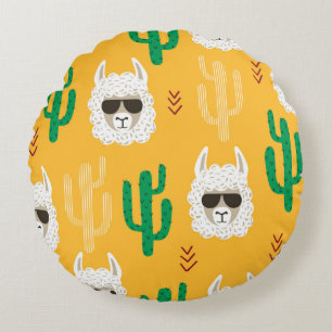 Seamless cartoon llama and cactus pattern in brigh round cushion