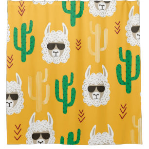 Seamless cartoon llama and cactus pattern in brigh shower curtain
