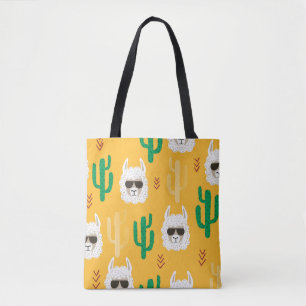 Seamless cartoon llama and cactus pattern in brigh tote bag