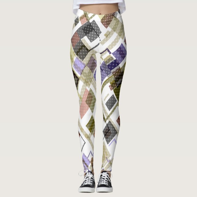 Seamless chequered plaid tartan pattern green brow leggings (Front)